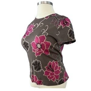 New Croft & Barrow Floral Short Sleeve Shirt Brown Tan Pink Flowers Petite XL
